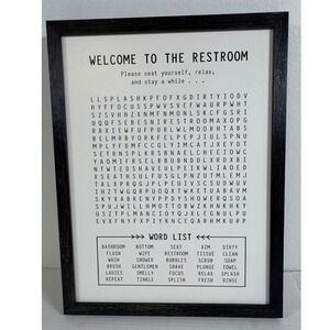 Restroom Wall Art Word Search Framed Bathroom Decor Black White 13x17